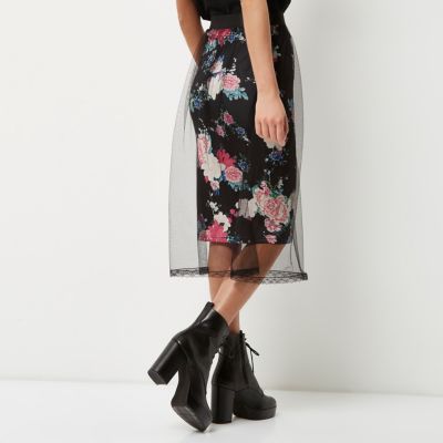 Black floral mesh midi skirt